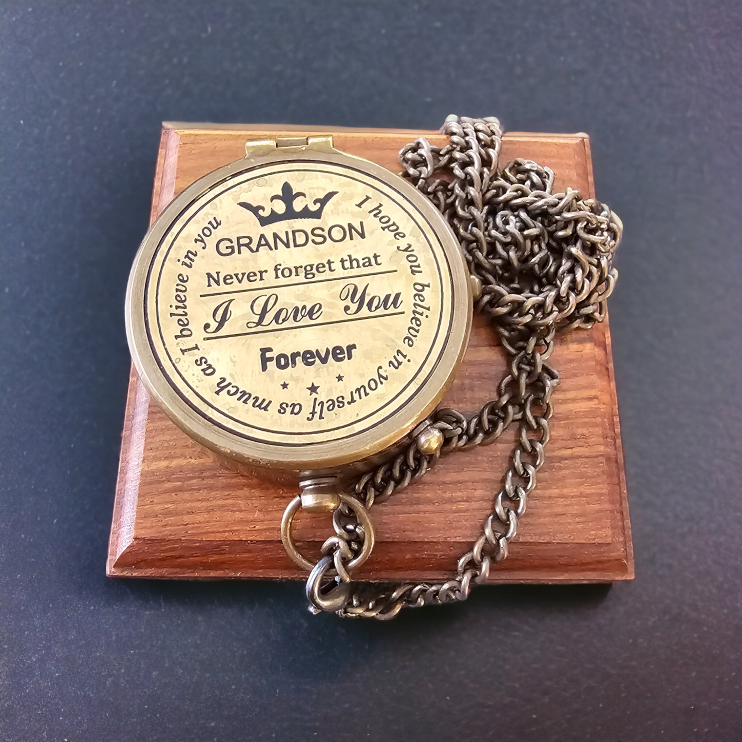 brass compass with inscription for grandson