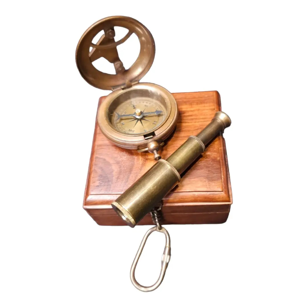 Sundial Compass & Telescope Keyring set in wooden box | Customisable mypirateshop