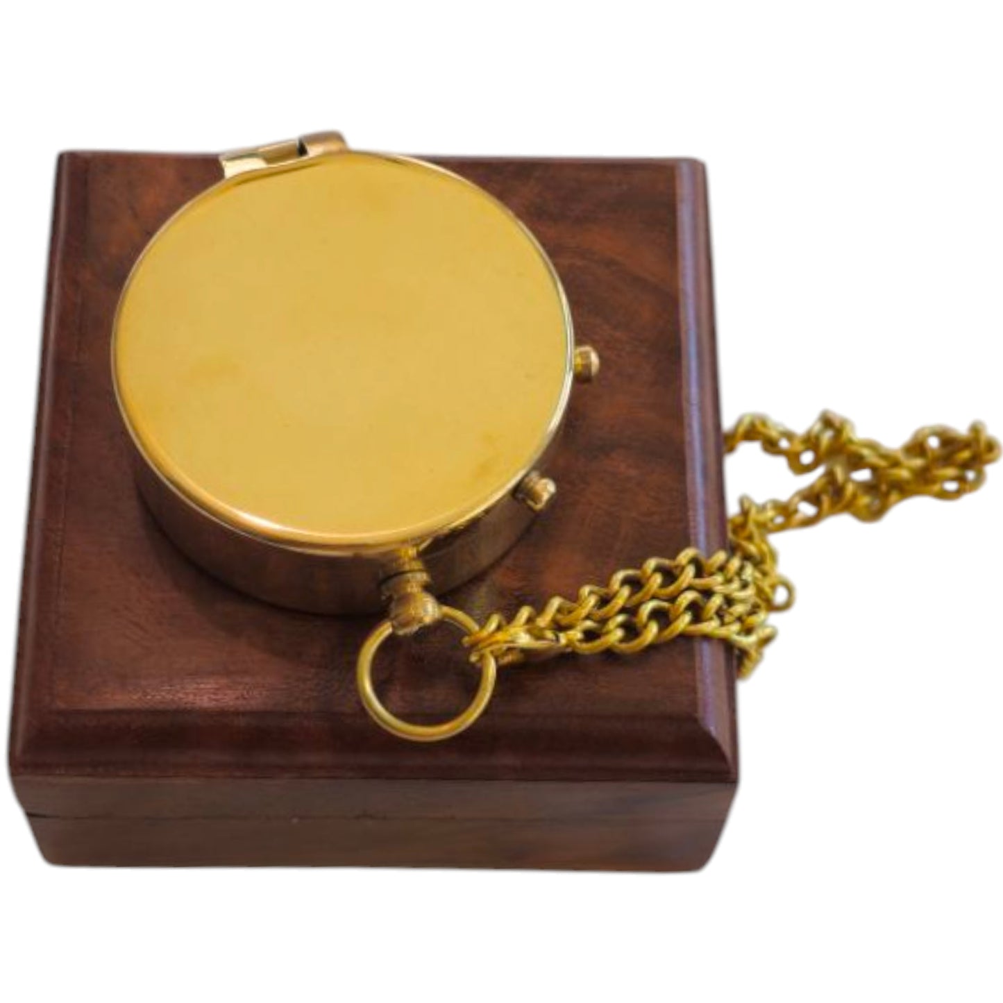 Golden brass nautical compass with wooden box – vintage maritime gift. This compass can be fully customised.