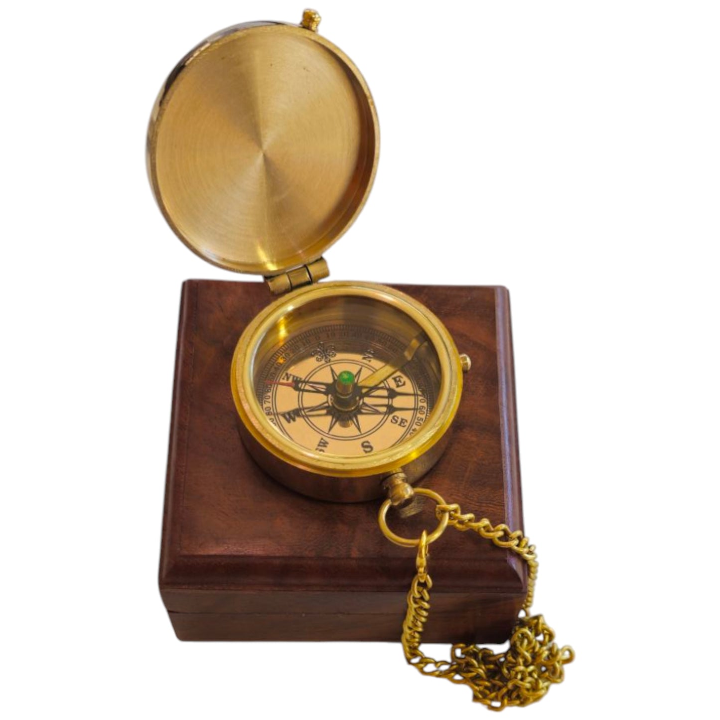 Golden compass with wooden box