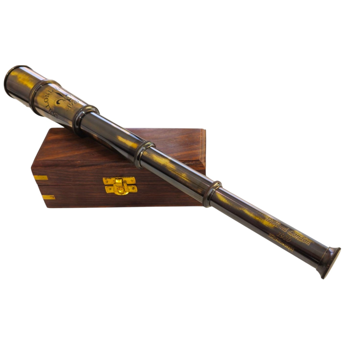 Vintage brass telescope by Dollond London, 1920 replica. Comes in a customisable wooden box, perfect for collectors, gifts, and adventure lovers.