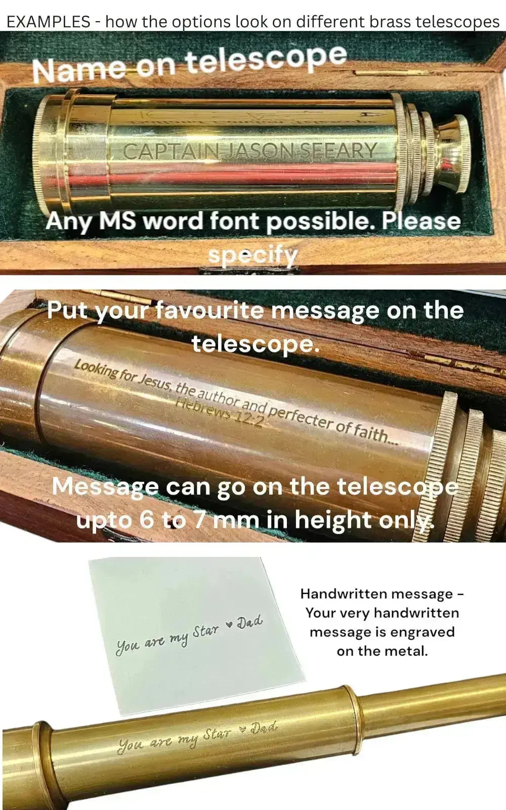 Customise the telescope with a name, message and a handwritten message.