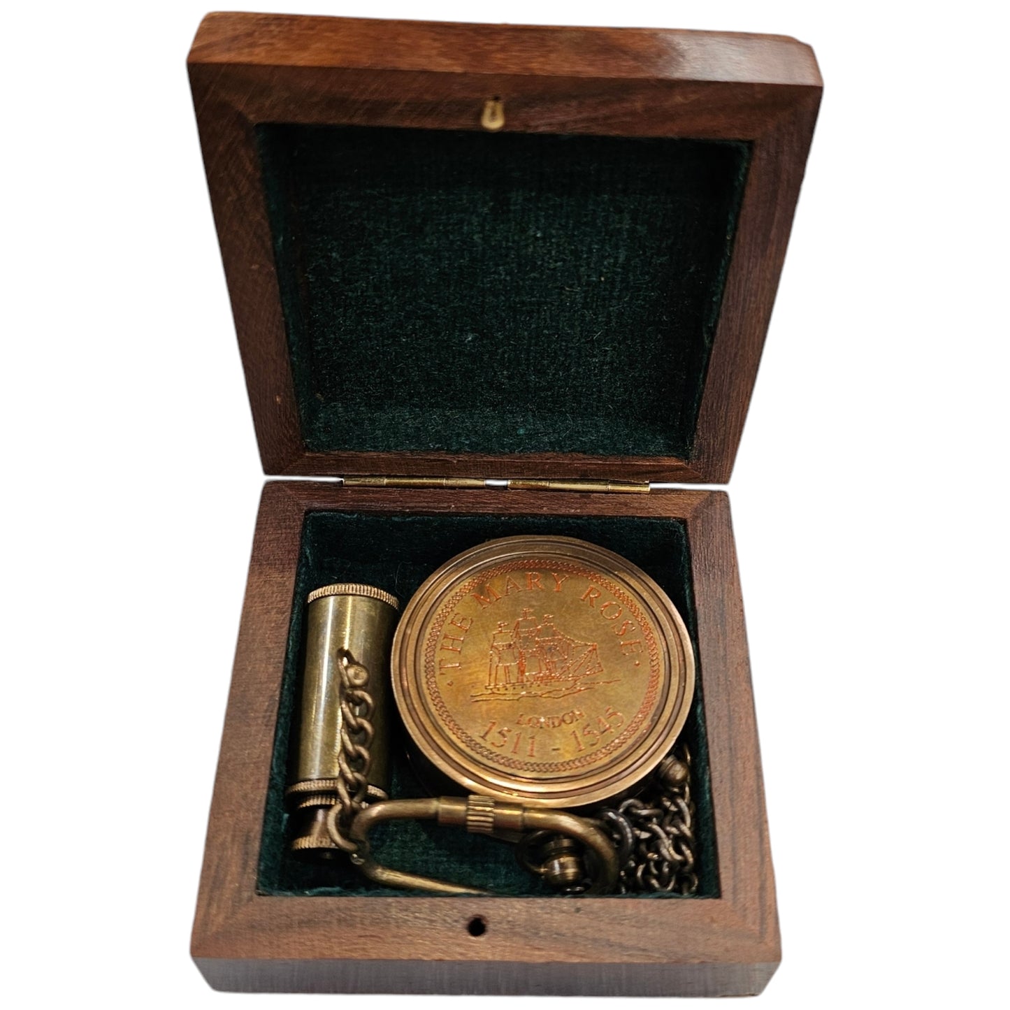 Handcrafted Mary Rose sundial compass in a wooden box, paired with a brass telescope keyring – unique vintage gift set.