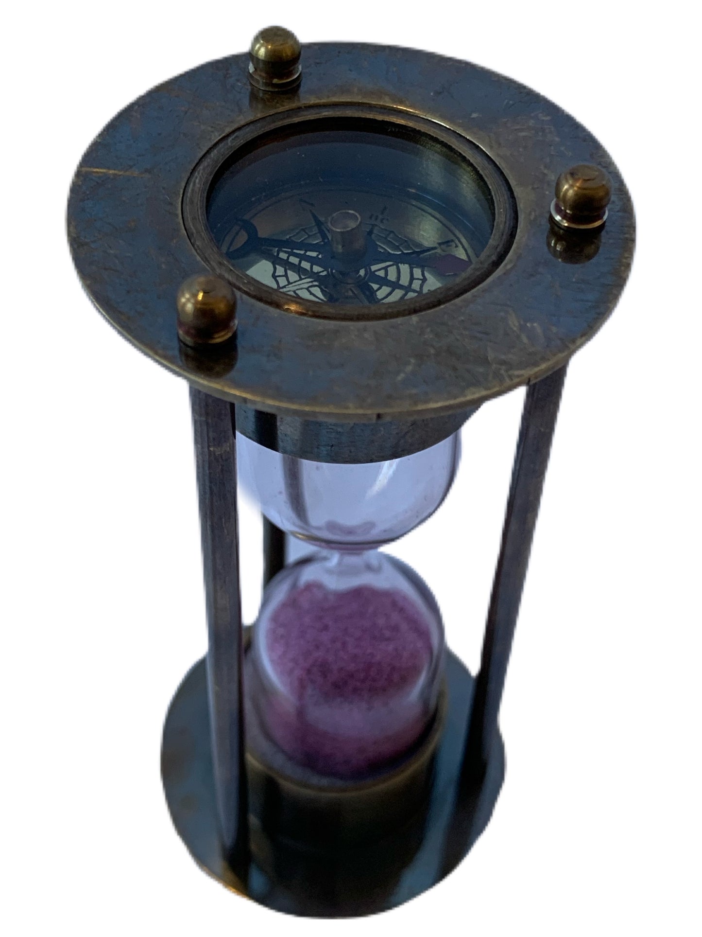 1 Minute Pink Antique Sand Timer with three brass rods with encased compass