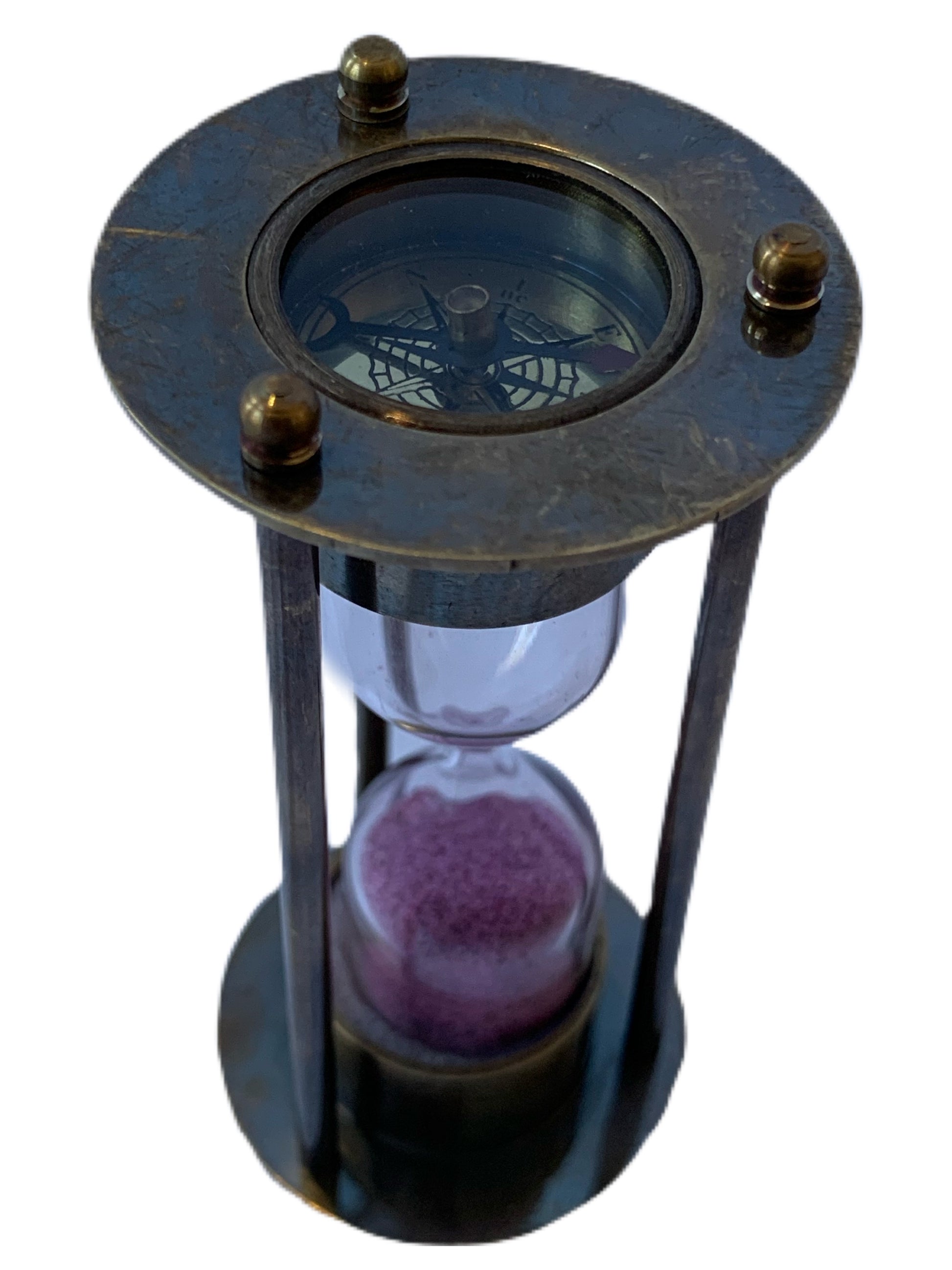 1 Minute Pink Antique Sand Timer with three brass rods with encased compass