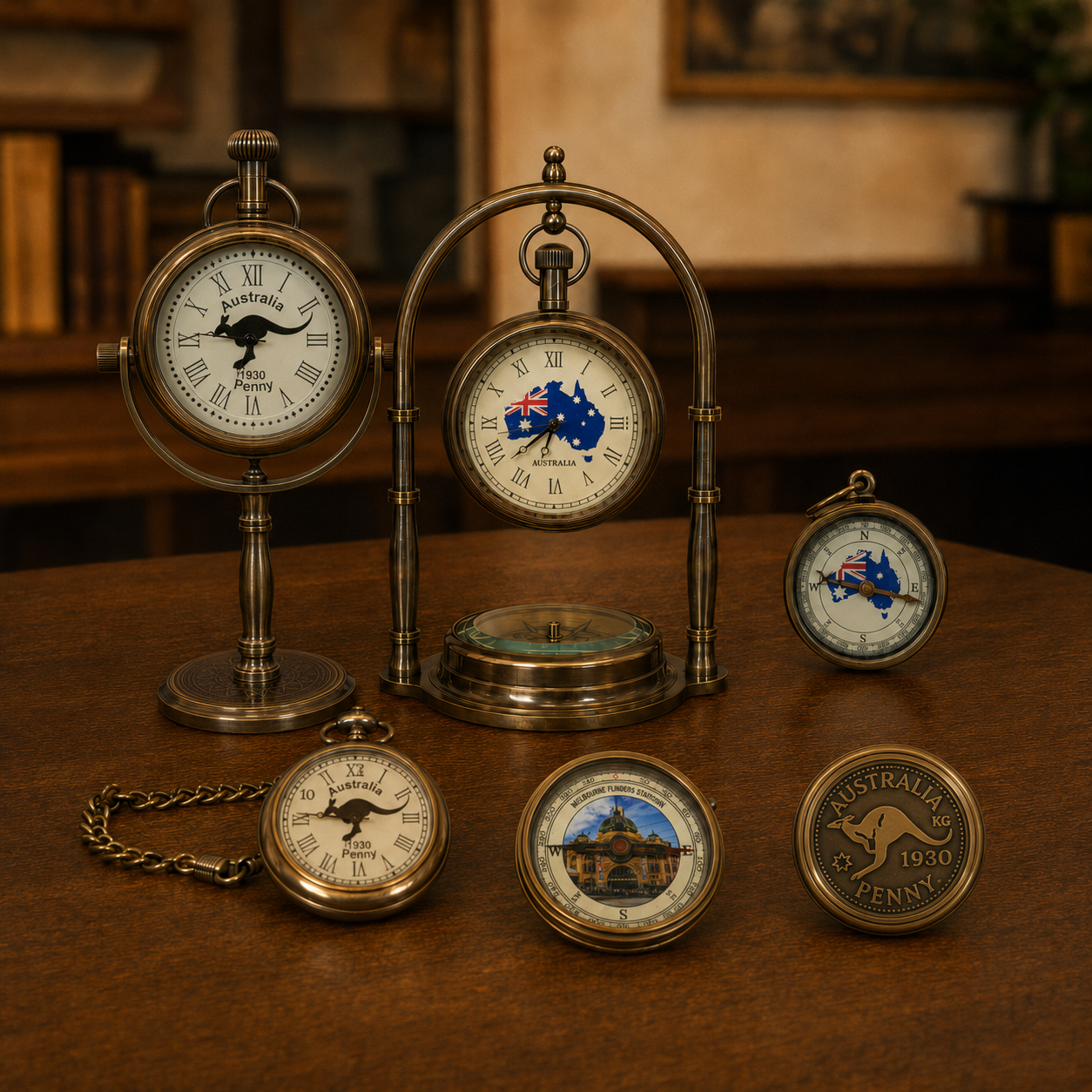 Australiana Gifts collection with Australian clocks, pocket watch and compasses