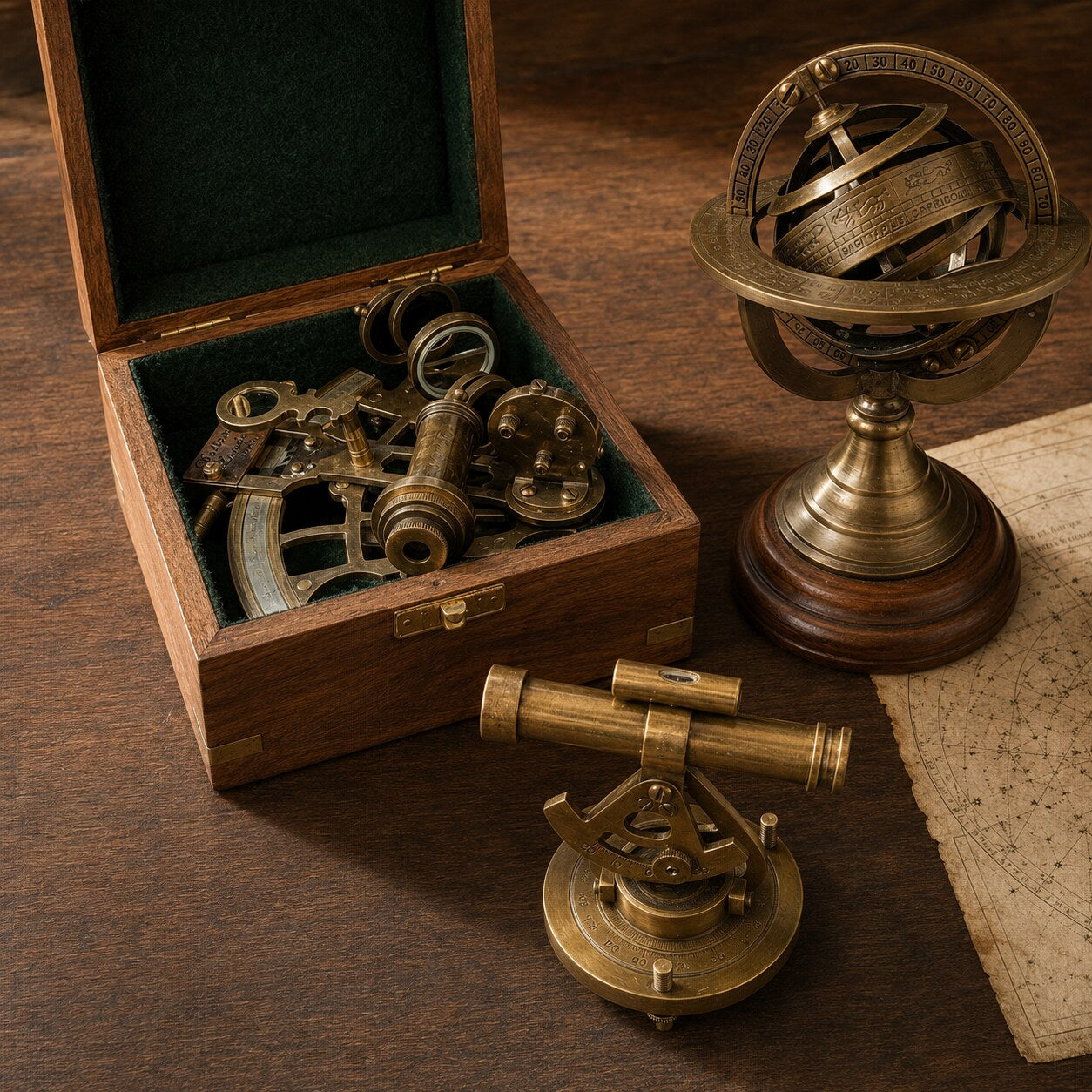 Brass sextant, armillary sphere and alidade celestial instruments on a walnut desk