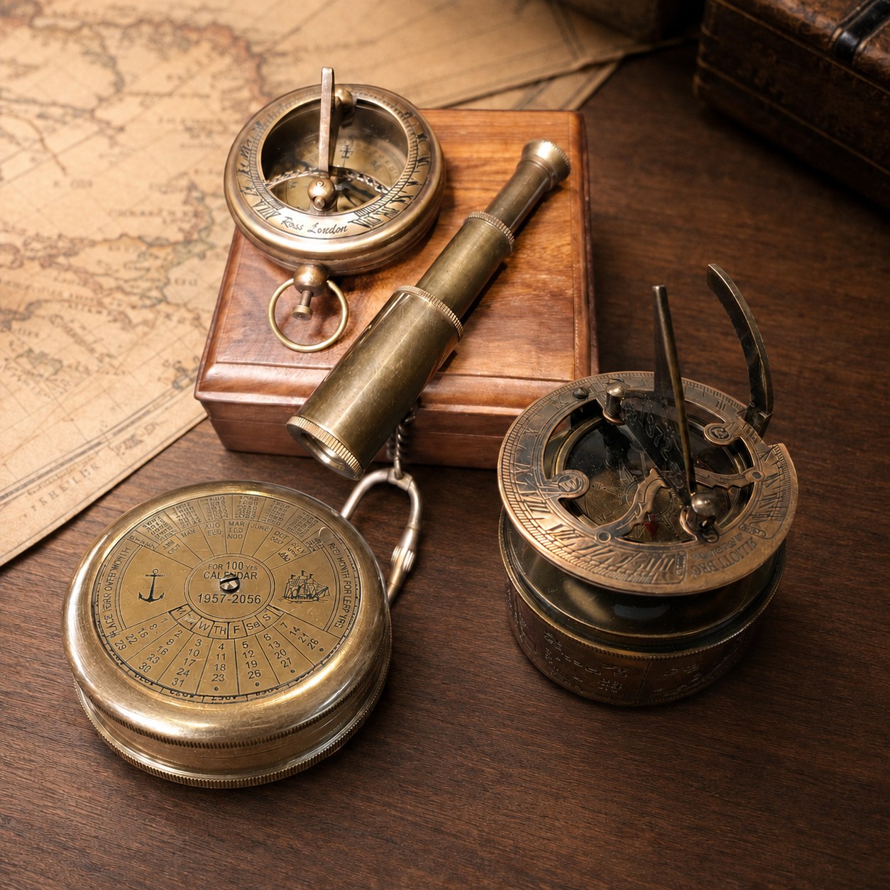 Antique brass compasses and sundials displayed on a walnut desk with a vintage map