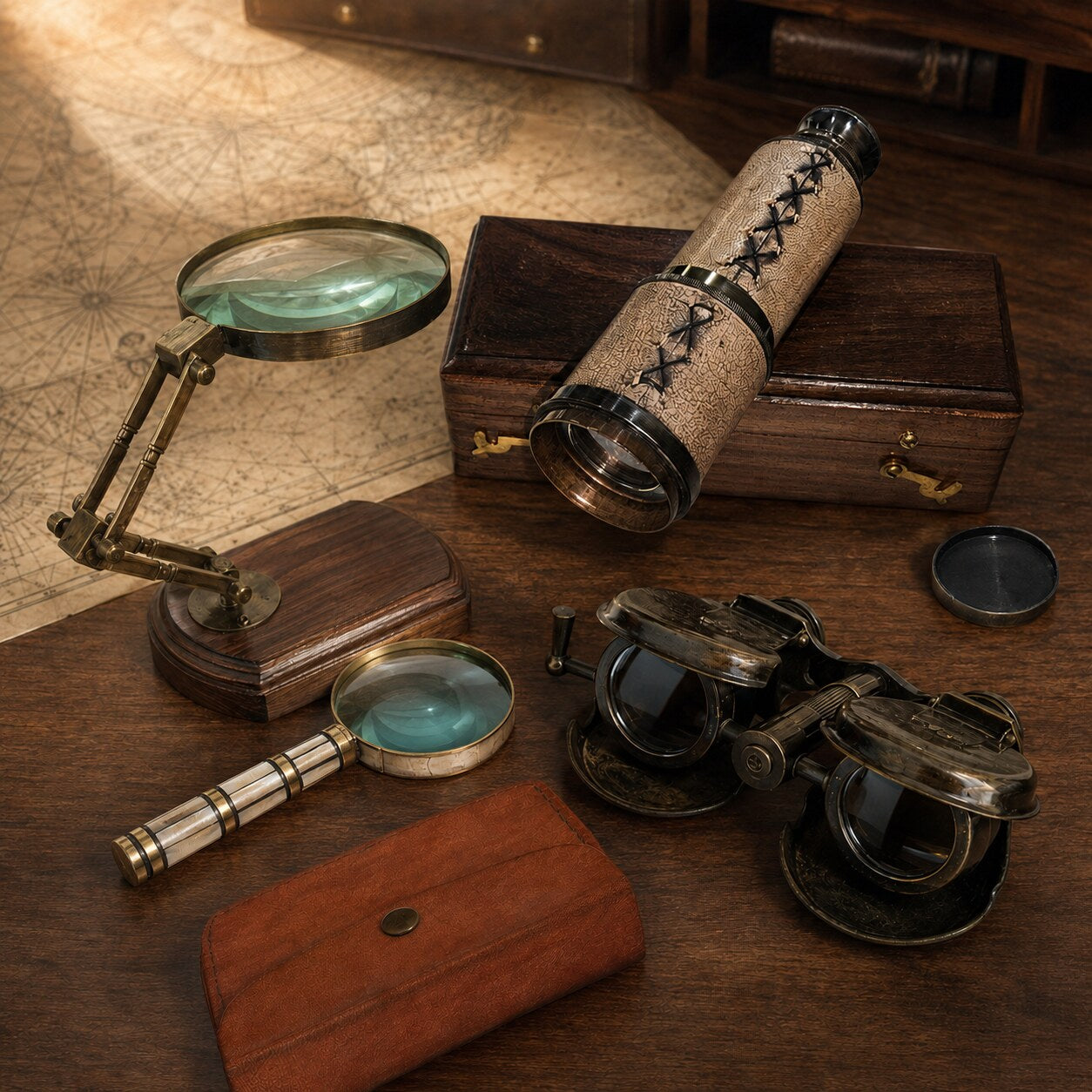 Leather telescope, folding binoculars, tripod magnifier and handheld magnifier displayed on a walnut desk with a vintage map