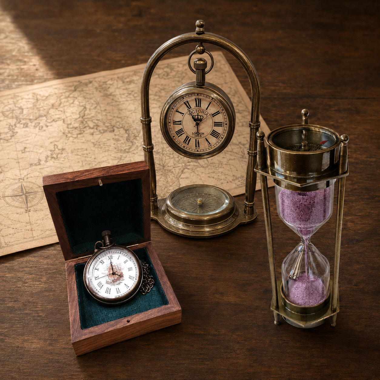 Brass Victorian arch clock, pocket watch and purple sand timer on an antique map