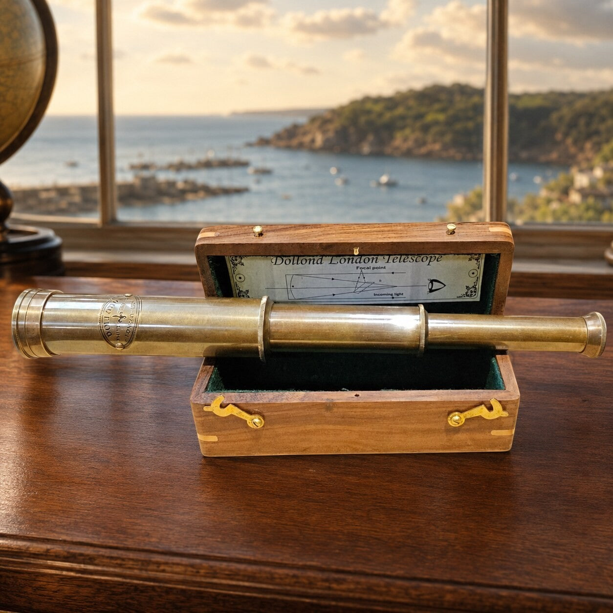 12 inch Dollond London brass telescope with wooden box on a desk overlooking a harbour