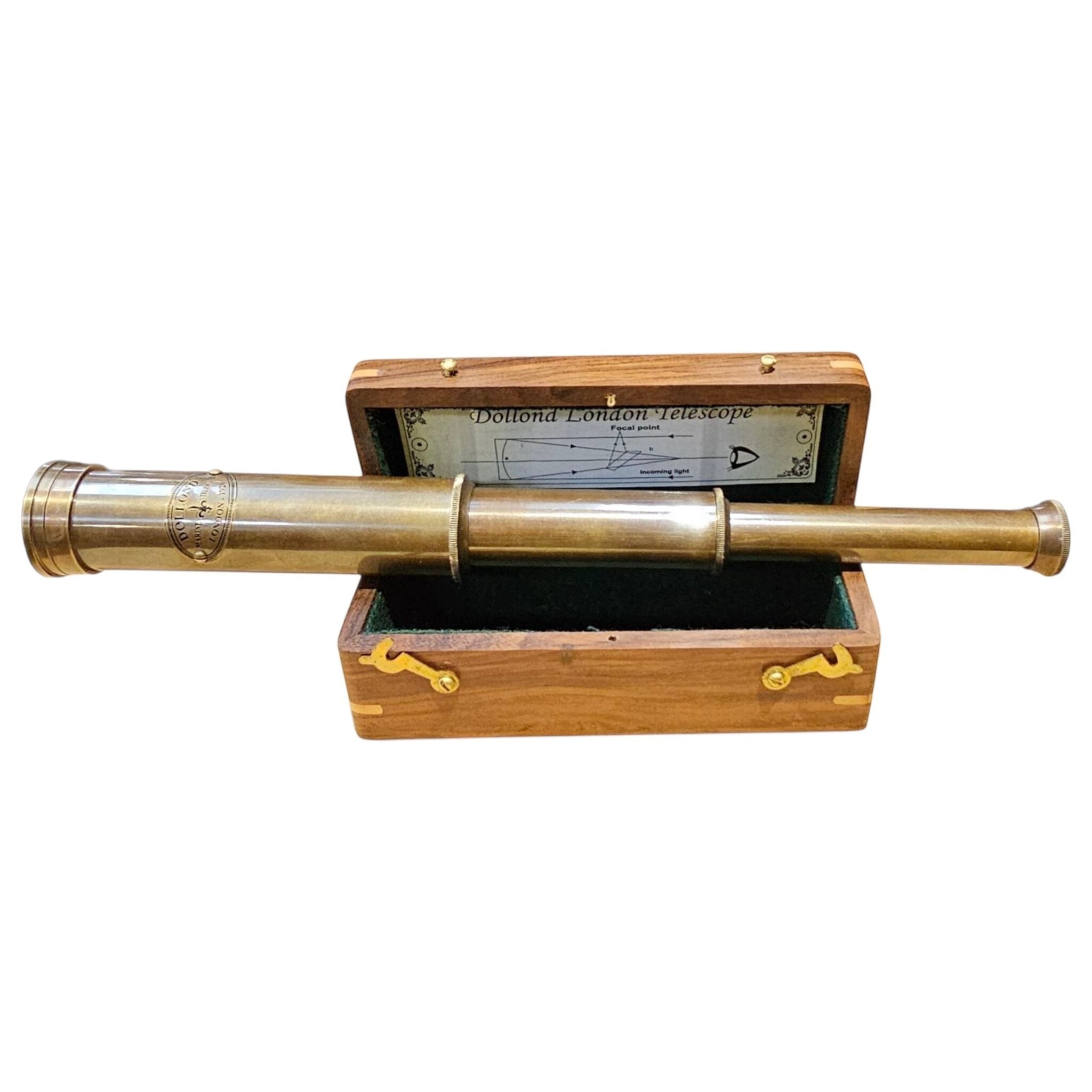 Fully extended 12 inch brass telescope displayed across its wooden box