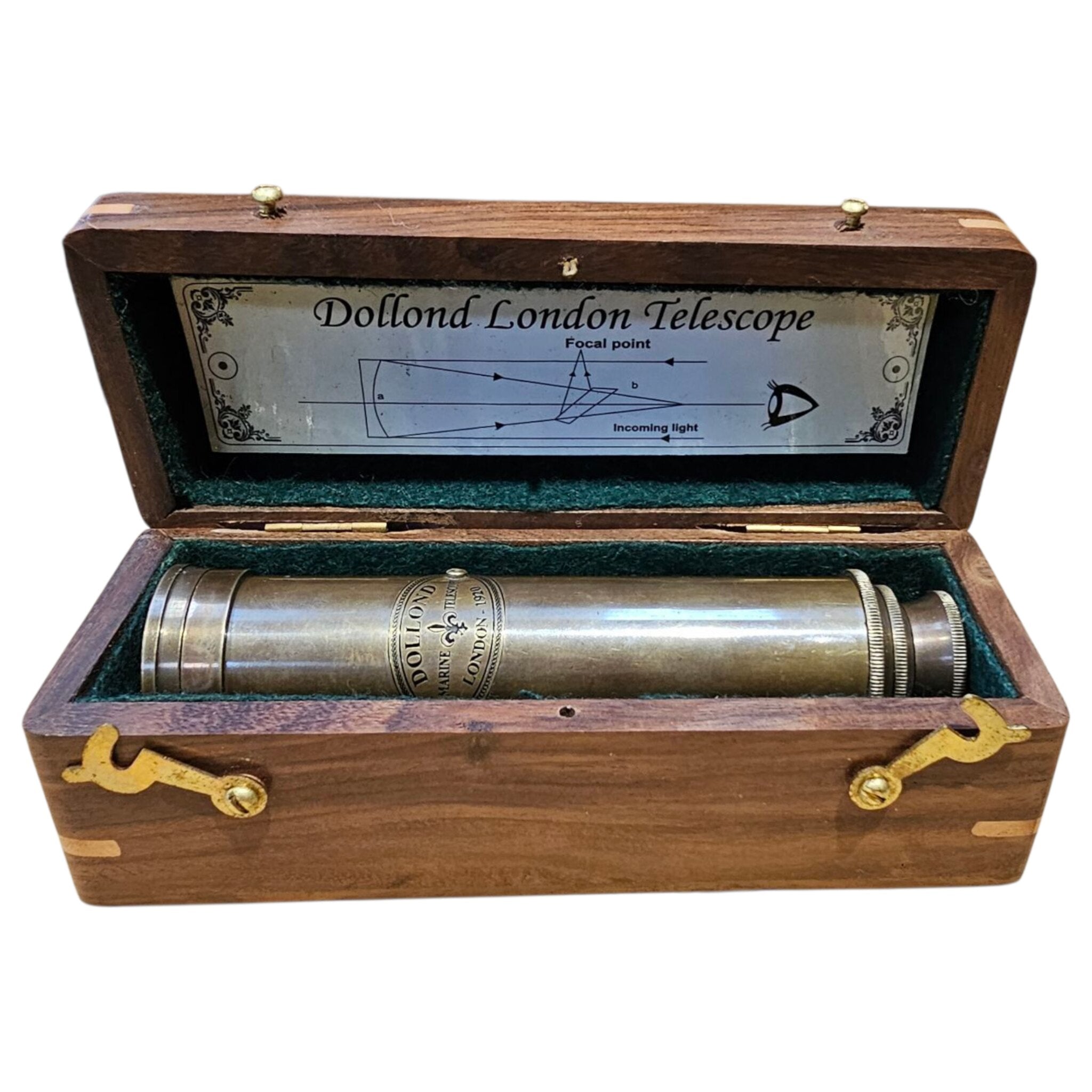 Closed 12 inch Dollond London brass telescope presented inside its wooden box