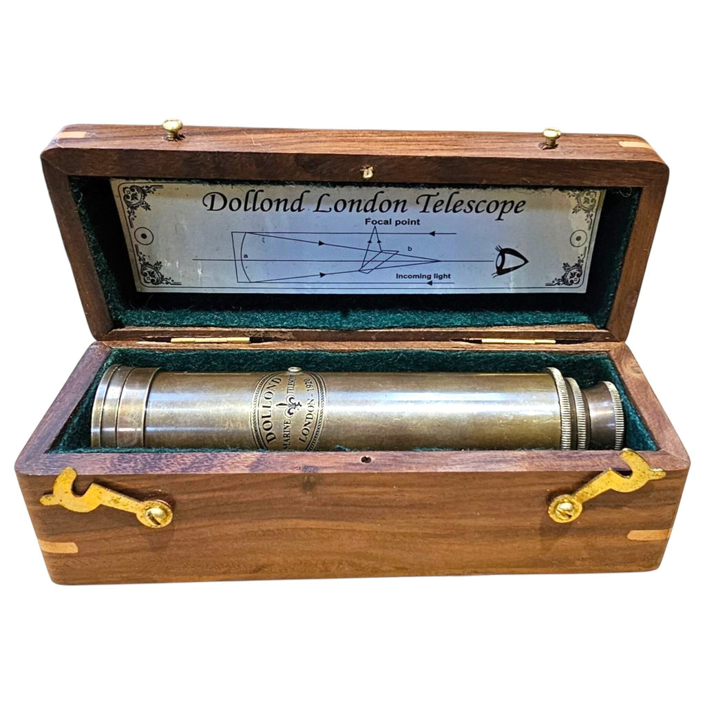 Closed 12 inch Dollond London brass telescope presented inside its wooden box