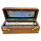 Closed 12 inch Dollond London brass telescope presented inside its wooden box