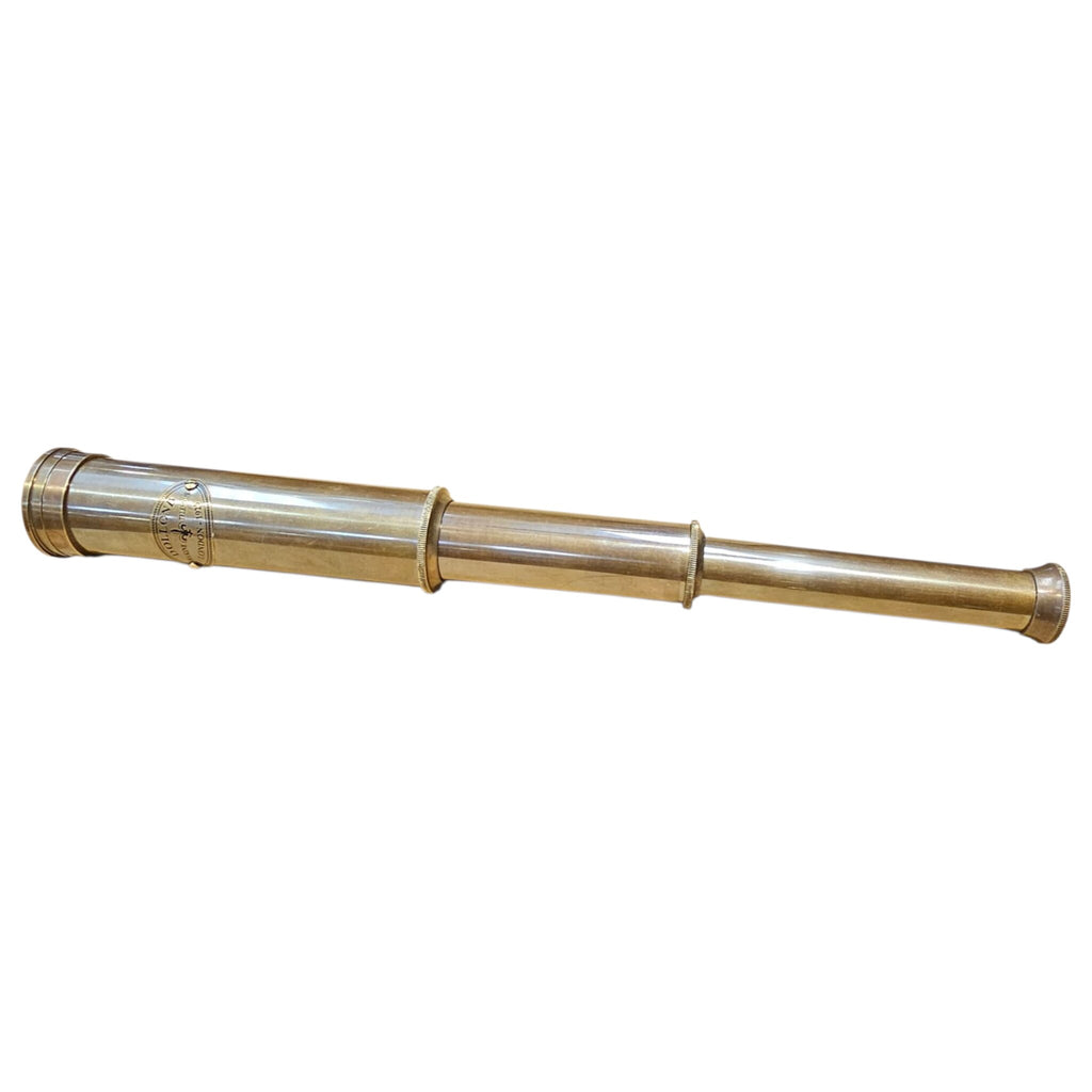 Fully extended 12 inch collapsible brass telescope on a white background