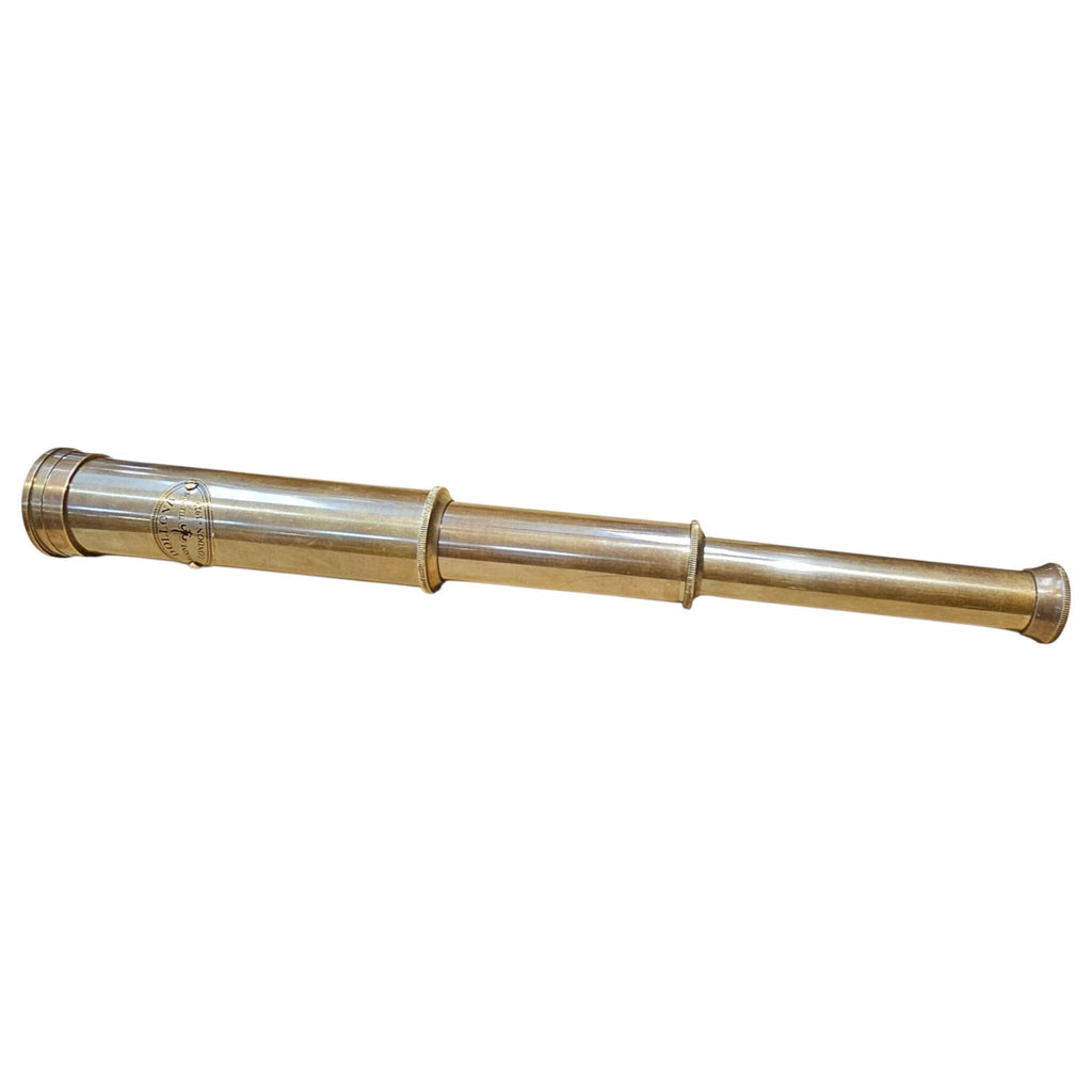 Fully extended 12 inch collapsible brass telescope on a white background