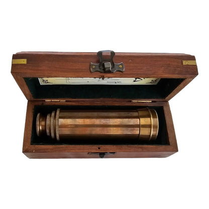 Brass spyglass telescope inside an engraved wooden box, a perfect personalised gift for collectors.