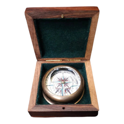 Handcrafted brass compass and customisable wooden box, perfect for personalisation with a name or logo.