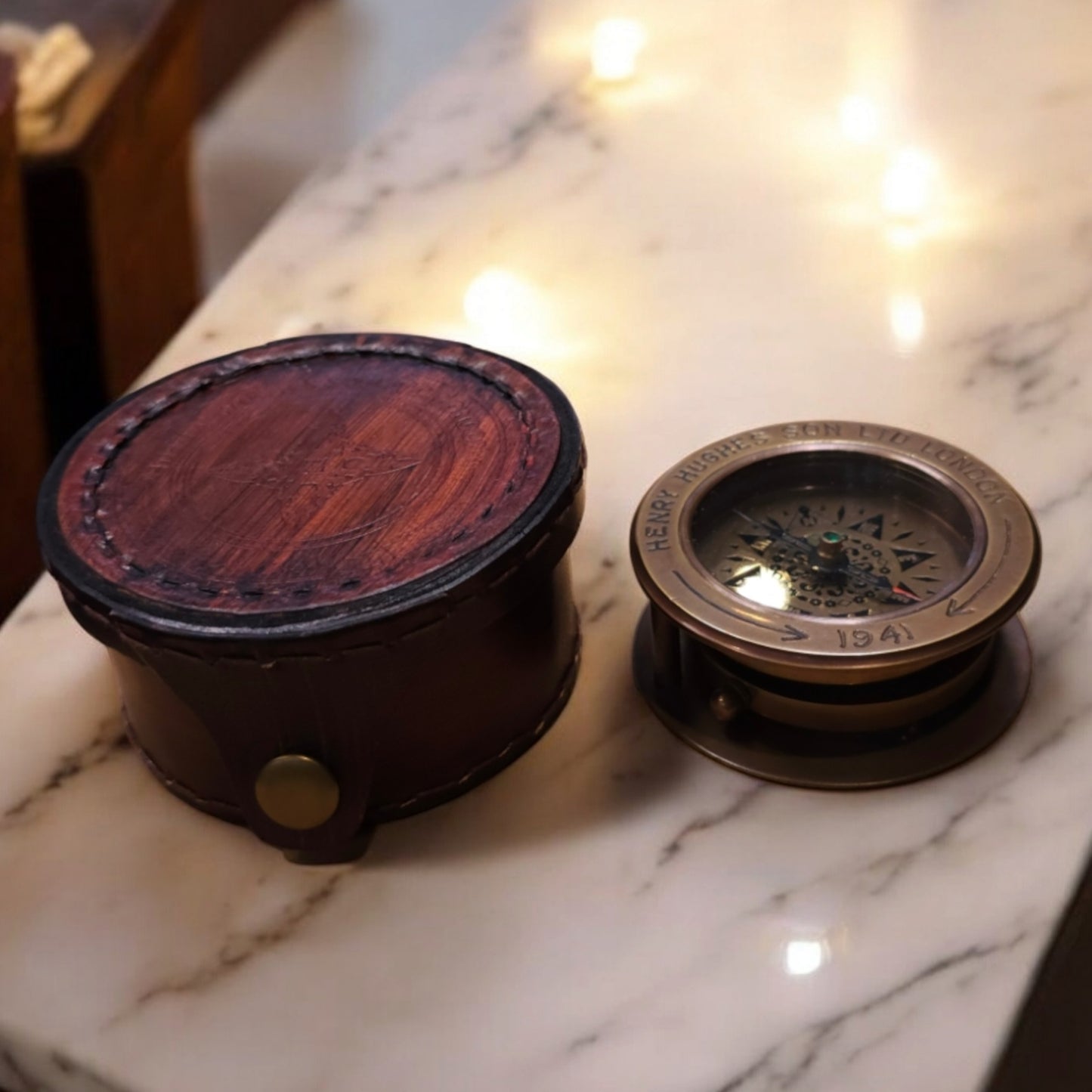 Brass Compass with Sliding Magnifier & Leather Case | Nautical Antique Replica