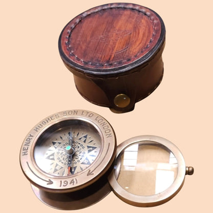 Brass Compass with Sliding Magnifier & Leather Case | Nautical Antique Replica mypirateshop