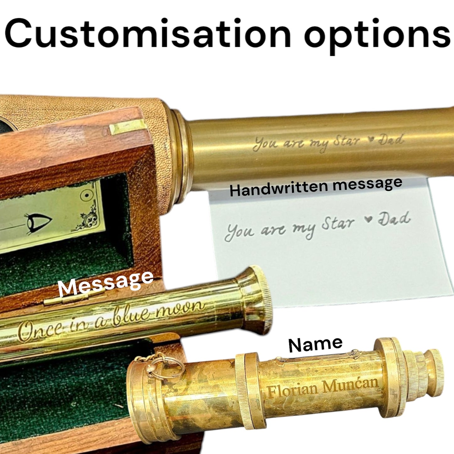 Customise your telescope - Engrave a name or message or your own handwriting on the nautical brass telescope.