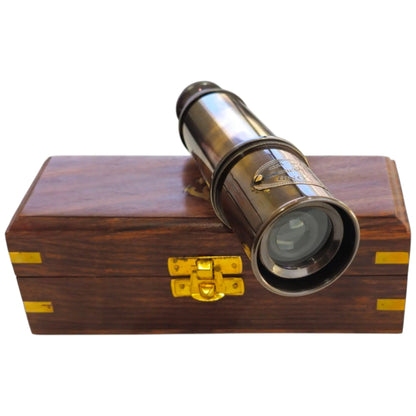 Dollond London 1920 brass telescope with a classic wooden box. A vintage-style handcrafted telescope with 10x magnification, perfect for gifting or display.