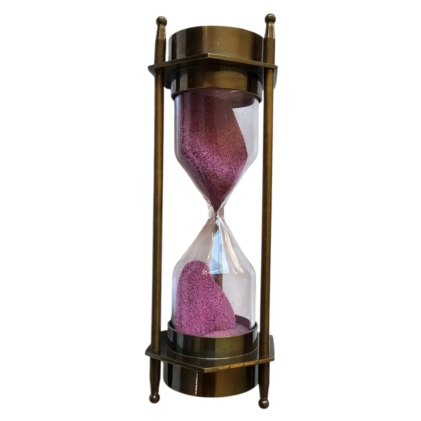 Hourglass with pink sand on a white background