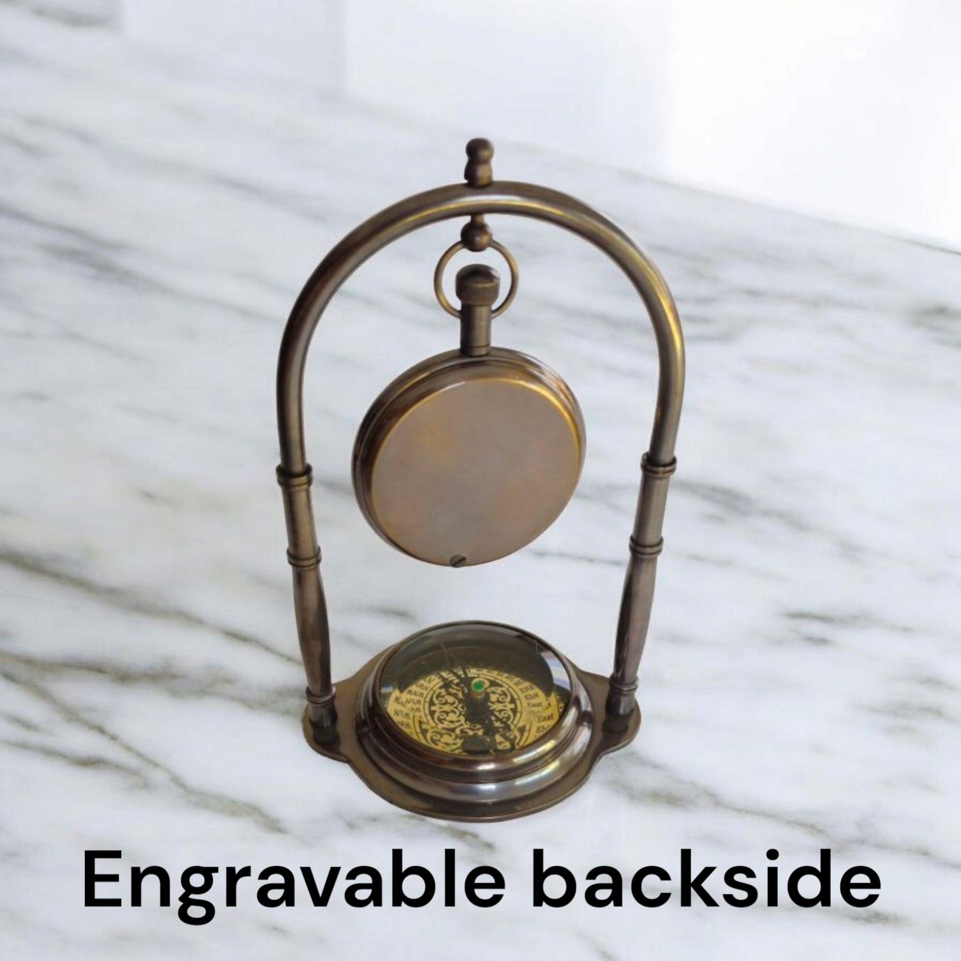 Engravable backside of arch Vintage clock with compass