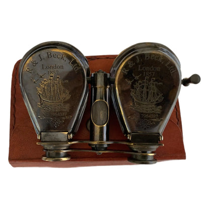 Vintage Brass Folding Binoculars with Leather Case – Decorative Nautical Showpiece & Collector's Item mypirateshop