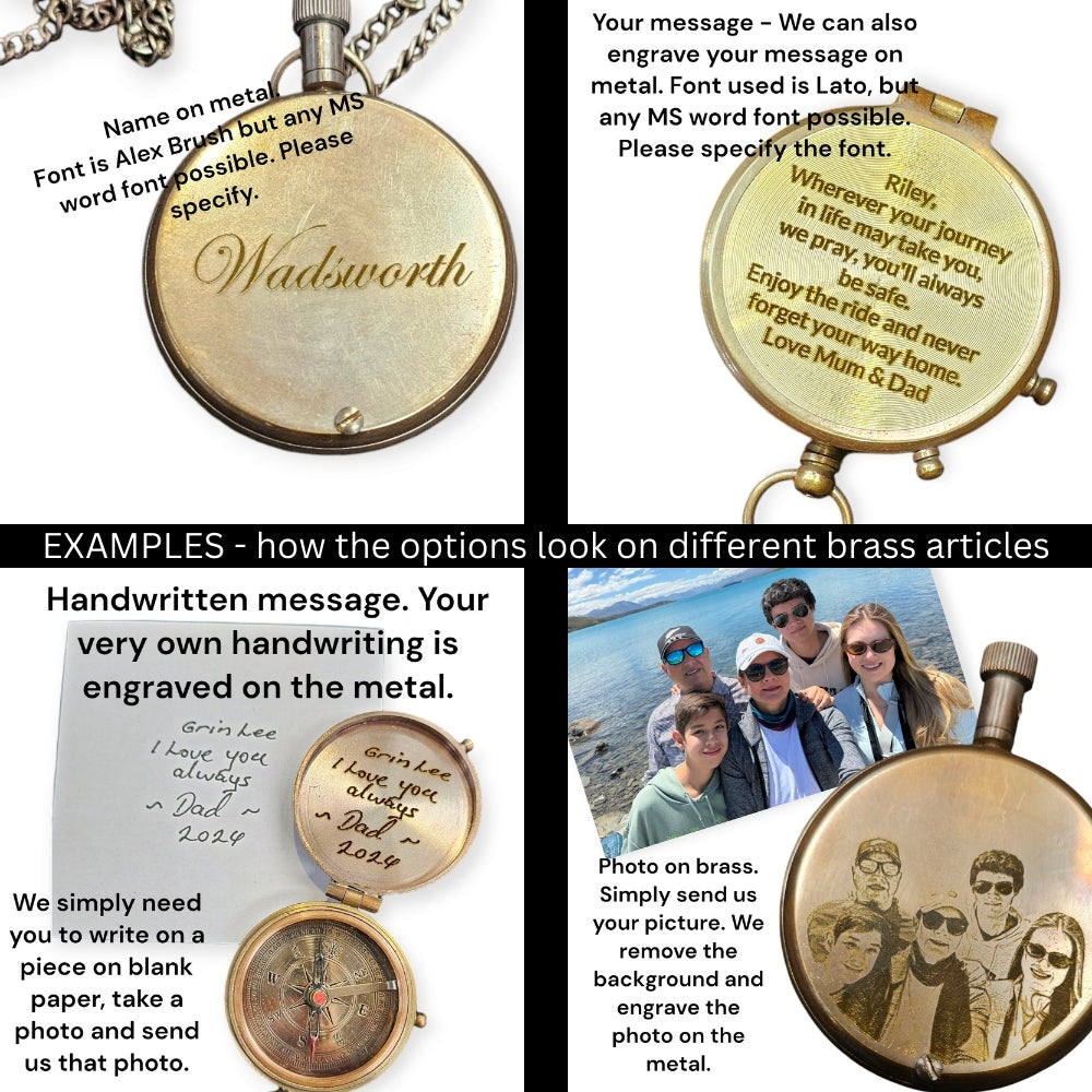 Example of customisation on brass - name, message, handwritten message or photo.