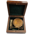 Mary Rose sundial compass and brass telescope keyring displayed inside a wooden box – a unique gift set.