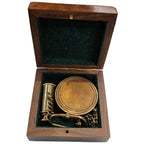 Mary Rose sundial compass and brass telescope keyring displayed inside a wooden box – a unique gift set.