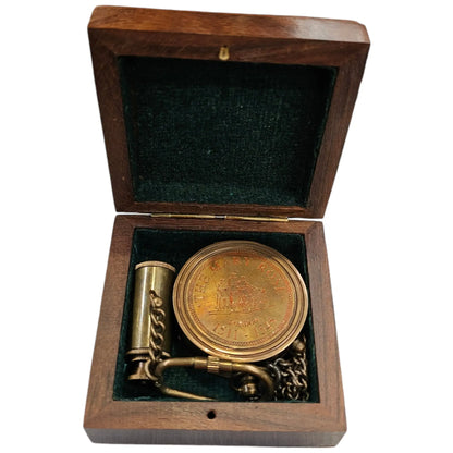 Mary Rose sundial compass and brass telescope keyring displayed inside a wooden box – a unique gift set.