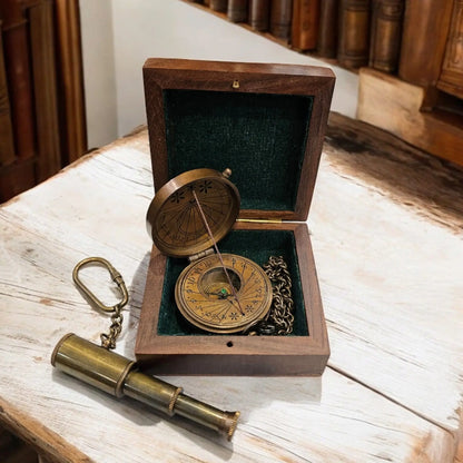 Handcrafted Mary Rose sundial compass in a wooden box with a brass telescope keyring – perfect vintage gift set.