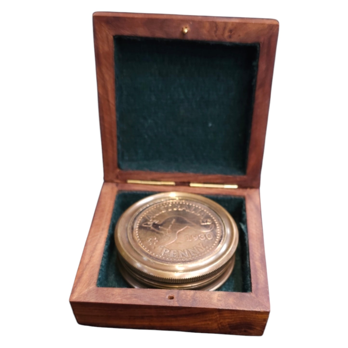 Customisable Australian brass penny compass with vintage design and wooden box. Small, functional compass perfect for gifts or collectors