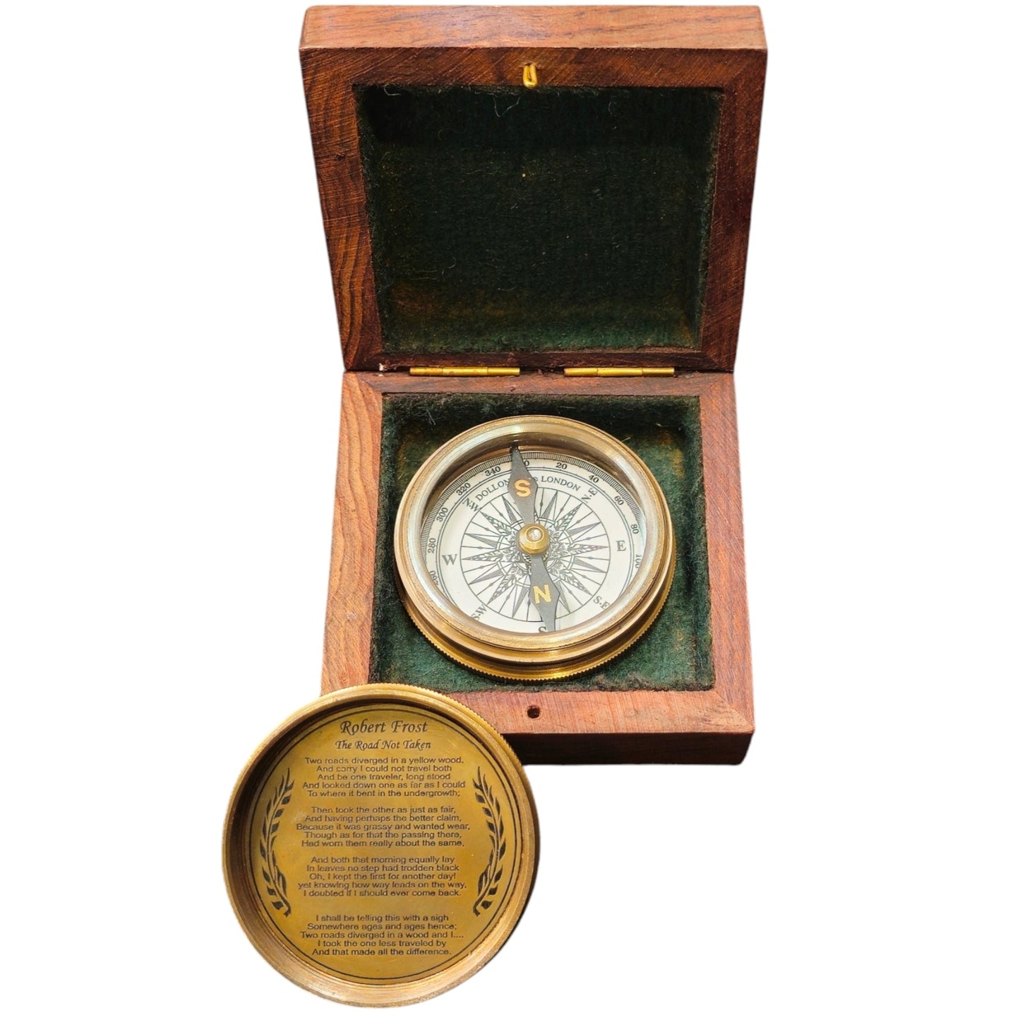 Dollond London compass with wooden box. Customisable calendar compass with engravable box