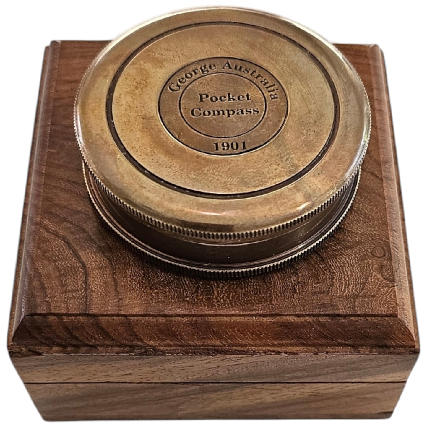 Vintage-style brass compass in a wooden box