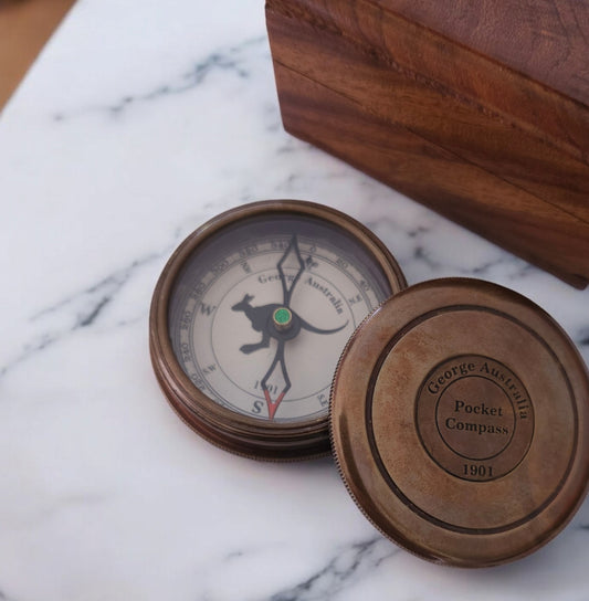 Brass George Australia 1901 compass with antique finish