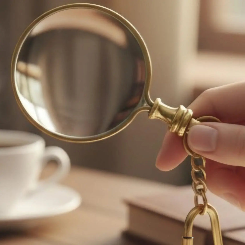 Gold magnifying glass held by a hand with a blurred background of a cup and books.