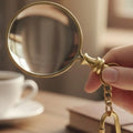Gold magnifying glass held by a hand with a blurred background of a cup and books.