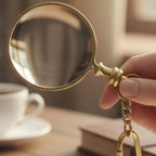 Gold magnifying glass held by a hand with a blurred background of a cup and books.