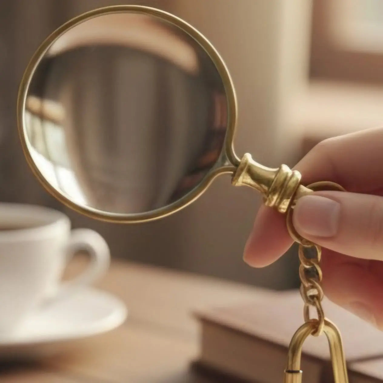 Gold magnifying glass held by a hand with a blurred background of a cup and books.