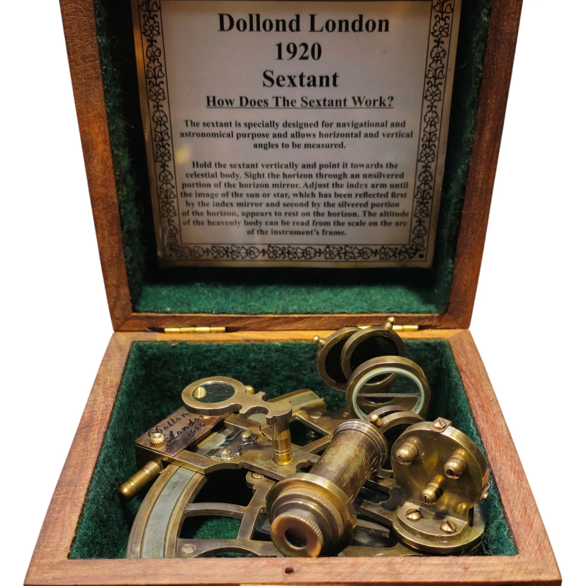 1920 sextant in a wooden box with an informational label