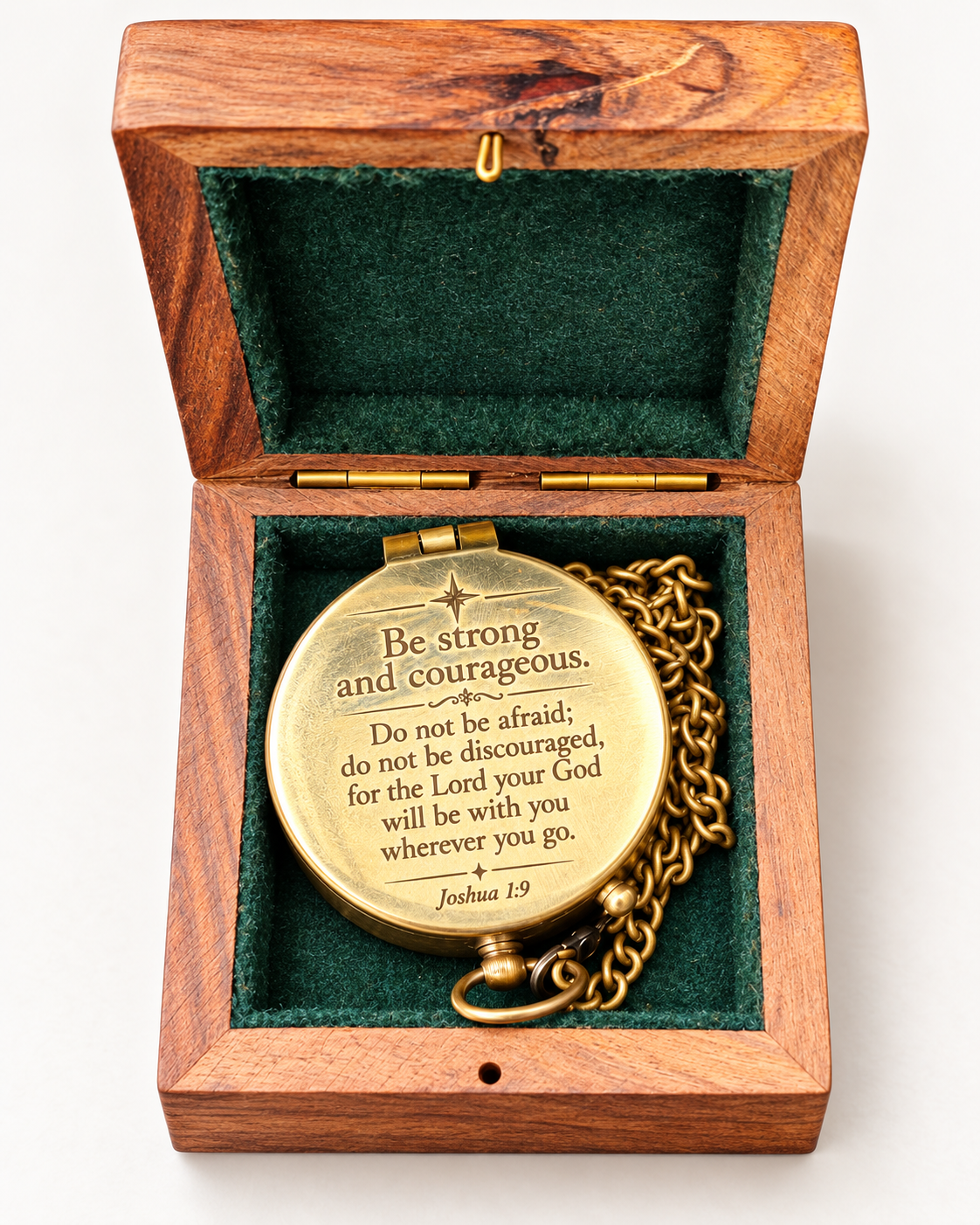 Be strong and courageous Joshua 1:9 engraved brass compass in wooden gift box