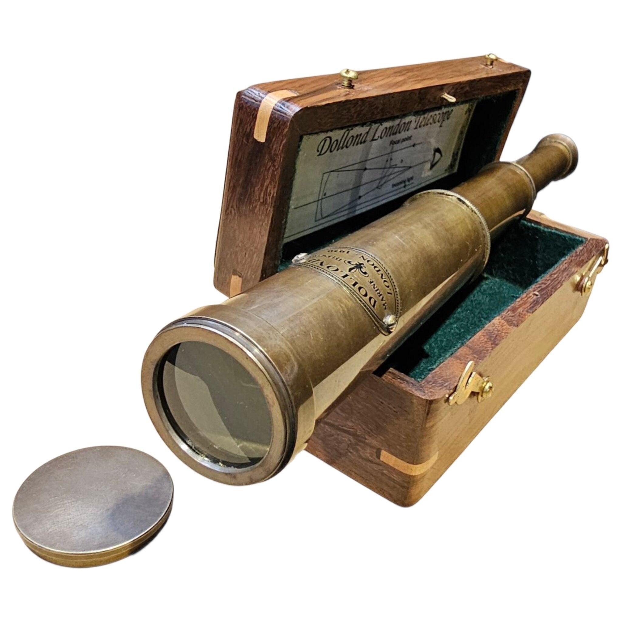 Front objective lens and antique brass finish of the Dollond London telescope