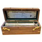 Antique brass Dollond London telescope in an open wooden presentation box