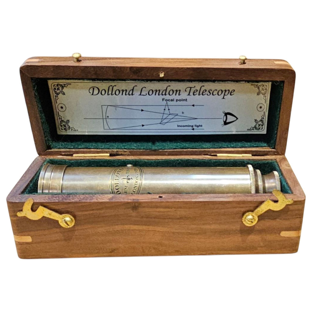 Antique brass Dollond London telescope in an open wooden presentation box