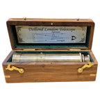 Antique brass Dollond London telescope in an open wooden presentation box