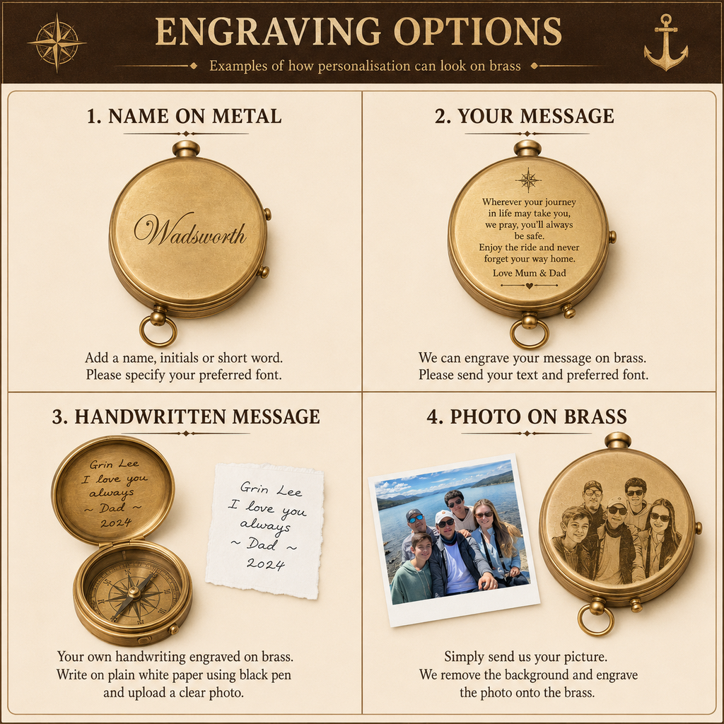 Engraving options for personalised brass gifts including name, message, handwriting and photo engraving.